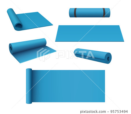 Yoga mat. Soft material rug for relaxing camp outdoor or sport exercises in gym decent vector realistic colored illustrations Yoga mat. Soft material rug for relaxing camp outdoor or sport exercises in gym decent vector realistic colored illustrations 95753494
