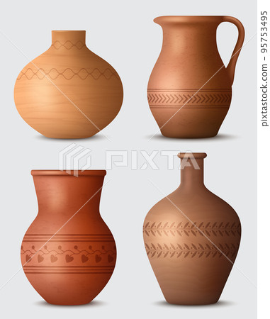 Clay kitchenware. Realistic handmade utensils pots kettles and cups decent vector templates of clay authentic products Clay kitchenware. Realistic handmade utensils pots kettles and cups decent vector templates of clay authentic products 95753495