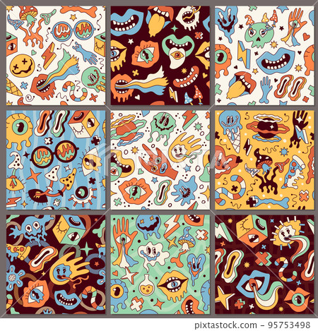 Psychedelic seamless patterns. Funky hippy retro textile design funny symbols in psychodelic colors recent vector template 95753498
