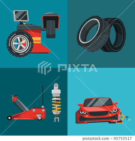 Car service. jack tire balancing vehicle repair tools. Vector concept illustrations 95753517