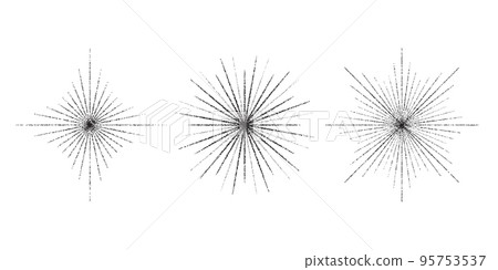 Dotted grain star with beams set. Black stippled ray sparkle and flare collection. Various noise textured asterisks. Different halftone dot work stellar forms and burst explosion. Vector sparks.  95753537
