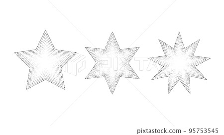 Dotted grain stars set. Black stippled shapes collection. Various noise textured asterisks. Different halftone dot work stellar forms. Vector stochastic 95753545