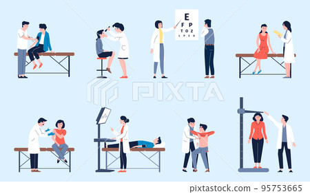 Medical check up, healthcare policy and research. Doctors and patients in hospital scenes. Treatment and sick prevention, recent vector concept 95753665
