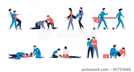 First aid medical procedures, emergency and resuscitation. 911 or 112 ambulance and paramedics with patient. Rescue training, cpr recent vector scenes 95753666