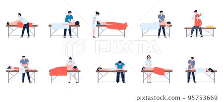 Massage therapy on couch. Medical rehabilitation back treatment after injury. Kinesiology, beauty spa professional service. Recent wellness vector scene 95753669