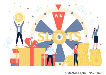 Fortune wheel and happy people. Woman win prize on gambling show. Sale promotion lottery, store performance. Fortune lucky characters recent vector scene 95753670
