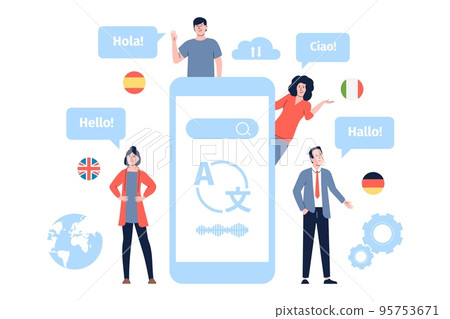 Foreign languages greetings, multilingualism and mobile translation. Student global multilingual chatting, international team or school recent vector scene 95753671