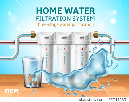 Realistic home water filtration system. 3d aqua clearing, several stages, cassettes with fillers, glass with splash, marketing promotional banner, 3d elements, utter vector concept 95753685