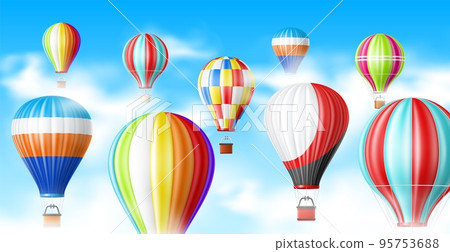 Hot air balloons in sky. Blue sky panoramic poster, realistic flying transport with baskets, different colorful patterns textile, white clouds, isolated 3d objects, utter vector concept 95753688