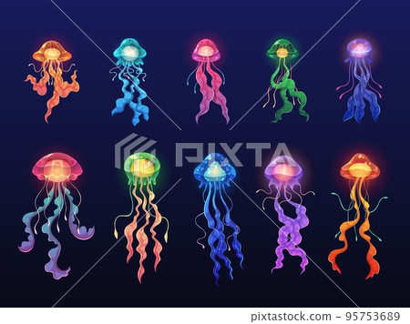 Glowing jellyfishes. Exotic sea creatures, deep water ocean animals, transparent luminous objects, beautiful color meduses, aquarium or underwater inhabitant tidy vector cartoon isolated set 95753689