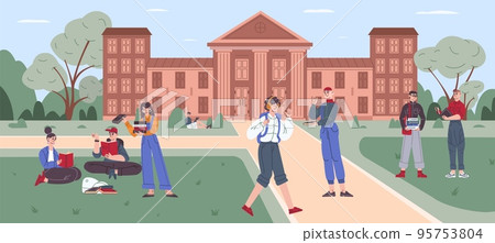 Students campus yard. Student lifestyle outside university or college building, people walking and sitting on grass front high school exterior cityscape, recent vector illustration 95753804