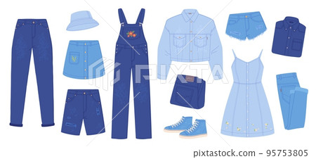 Cartoon denim clothes. Folded jeans clothing pants dresses overalls or skirt, jean fabric summer basic outfit trendy casual jeanes garment and gumshoes garish vector illustration Cartoon denim clothes. Folded jeans clothing pants dresses overalls or skirt, jean fabric summer basic outfit trendy casual jeanes garment and gumshoes garish vector illustration 95753805