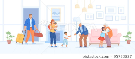 Visiting grandparents. Happy family with children visit grandparent, kid run to grandfather, grandmother and child embrace, grandchildren greeting elderly man, vector illustration 95753827