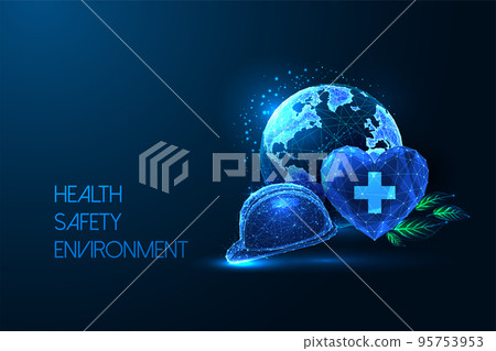 Concept of Health Safety Environment in futuristic glowing low polygonal style on blue background Concept of Health Safety Environment in futuristic glowing low polygonal style on blue background 95753953