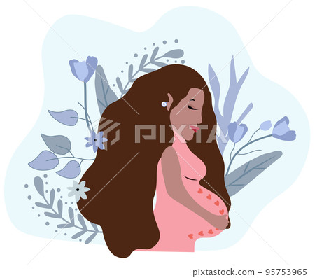 Happy pregnant Woman with long hair holds her belly with nature background. Concept motherhood, health and pregnant. Flat vector illustration on pastel colors Happy pregnant Woman with long hair holds her belly with nature background. Concept motherhood, health and pregnant. Flat vector illustration on pastel colors 95753965
