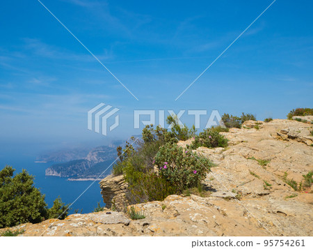 Calanques, France - May 18th 2022: View from Cap Canaille towards the Calanques National Park 95754261