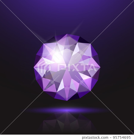 Vector 3d Realistic Purple Transparent Round Glowing Gemstone, Diamond, Crystal, Rhinestone Closeup on Black Background. Jewerly Concept. Design Template, Banner 95754695