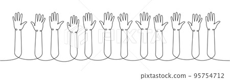 Hands up one line continuous drawing. Voting, volunteering continuous one line illustration. Vector minimalist linear illustration. Hands up one line continuous drawing. Voting, volunteering continuous one line illustration. Vector minimalist linear illustration. 95754712