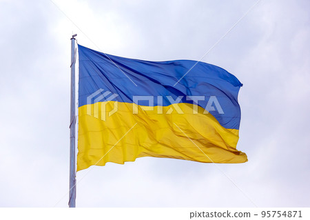 waving in the wind the national flag of Ukraine against the blue sky waving in the wind the national flag of Ukraine against the blue sky 95754871