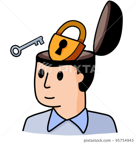 Man with lock in his head. Concept of reception of psychologist and psychiatrist. Solving mental problems, Psychotherapeutic counseling. Patient with psychological trouble Man with lock in his head. Concept of reception of psychologist and psychiatrist. Solving mental problems, Psychotherapeutic counseling. Patient with psychological trouble 95754943