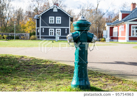 Green fire water hydrant. Sunny street view 95754963