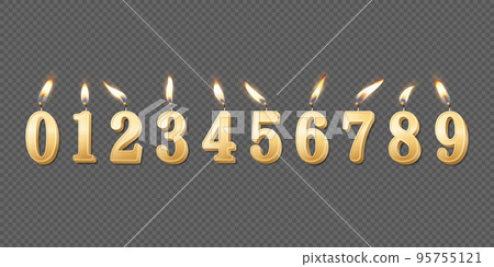 Vector 3d Realistic Paraffin or Wax Burning Golden Birthday Party Candles, Numbers and Different Flame of a Candle Icon Set Isolated. Design Template, Clipart, Birthday Concept. Top View Vector 3d Realistic Paraffin or Wax Burning Golden Birthday Party Candles, Numbers and Different Flame of a Candle Icon Set Isolated. Design Template, Clipart, Birthday Concept. Top View 95755121