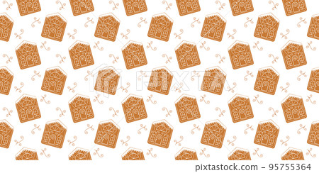 Icing gingerbread houses background. Ornamented biscuit cookies seamless pattern. Winter, Christmas or New Year scrapbooking or wrapping paper or fabric design 95755364