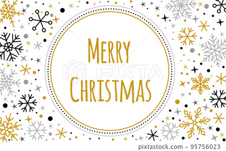 Merry Christmas and Happy New Year greeting card poster banner template. Snowflake black gold silver linear border. Copy space snow flakes frame. Winter ornate ice star background. Xmas letter decor 95756023