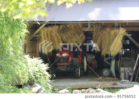 Scenery of a farmer's warehouse with dried rice straw and a tractor, agricultural machinery and tools Scenery of a farmer's warehouse with dried rice straw and a tractor, agricultural machinery and tools 95756052