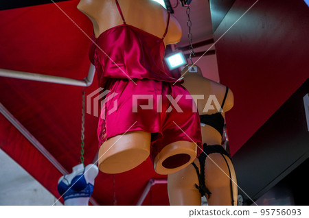 Two mannequins dressed in women's underwear, close-up. Two mannequins dressed in women's underwear, close-up. 95756093