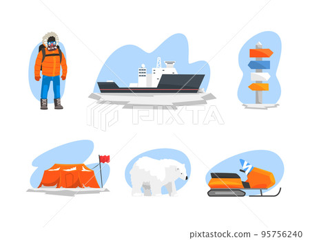 Arctic Exploration and Polar Expedition with Man, Ship, Snowmobile and Polar Bear Vector Set 95756240
