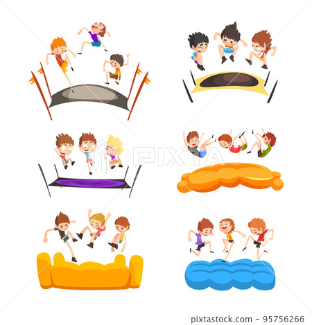Excited Boy Jumping on Trampoline Bouncing and Having Fun Vector Set Excited Boy Jumping on Trampoline Bouncing and Having Fun Vector Set 95756266