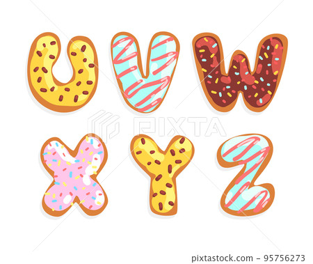 Cookie Alphabet Letter with Colorful Sugar Glaze or Icing and Sprinkles Vector Set 95756273