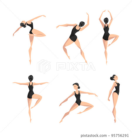 Young Beautiful Female Ballet Dancer in Black Leotard in Different Pose Vector Set 95756291