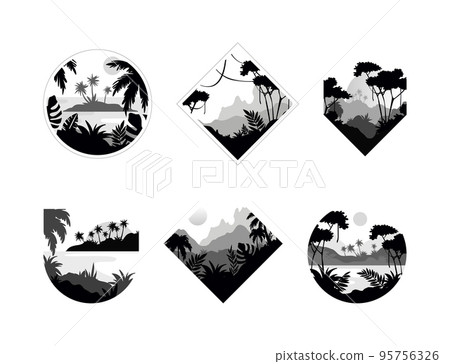 Beautiful Tropical Mountain Landscape with Palm Trees in Geometric Shape Vector Set 95756326