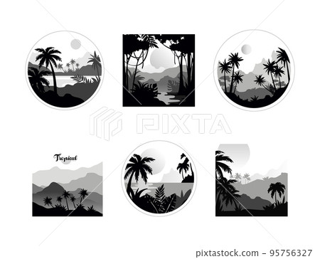 Beautiful Tropical Mountain Landscape with Palm Trees in Geometric Shape Vector Set 95756327