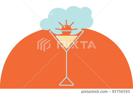 Stylized image of a glass with an abstract cloud and sun on an orange circle background. Isolate 95756593