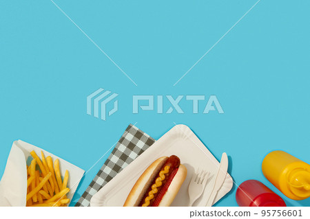Traditional hot dogs, french fries, drink and sauces. Restaurant menu 95756601