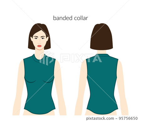 Banded neckline collar clothes character beautiful lady in emerald top, shirt, dress technical fashion illustration Banded neckline collar clothes character beautiful lady in emerald top, shirt, dress technical fashion illustration 95756650