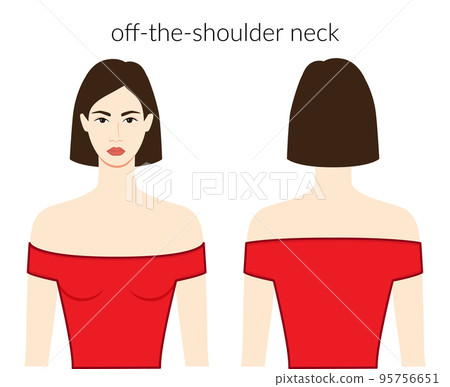 Off the shoulder neckline clothes character beautiful lady in red top, shirt dress technical fashion illustration fitted 95756651