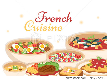 French Cuisine Restaurant with Various Traditional or National Food Dish of France on Flat Style Cartoon Hand Drawn Templates Illustration 95757293