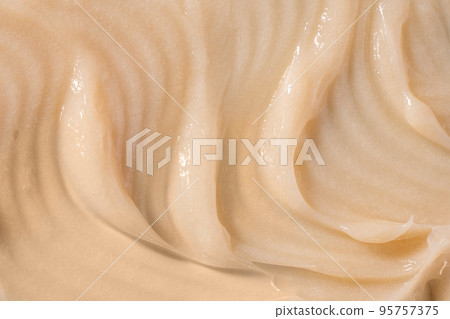 Body care balm, retinol serum, shampoo wavy texture. Hair conditioner cream background. Yellow cosmetic lotion moisturiser sample closeup. Skincare mask smear, creamy cleanser product 95757375