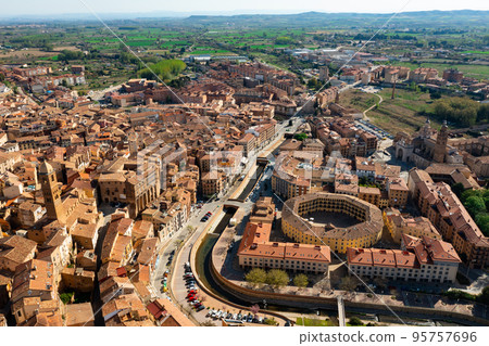 Aerial view of Tarazona on Queiles river overlooking Cathedral and bullring 95757696