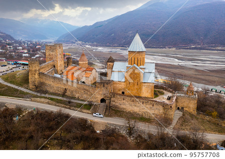 Aerial view of medieval Ananuri fortified ensemble, Georgia 95757708