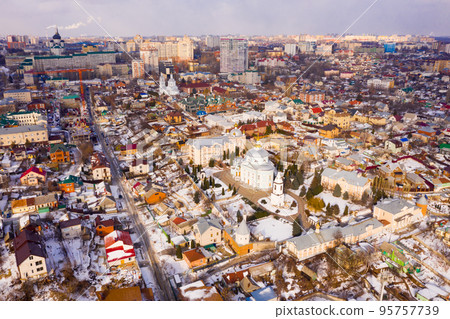 View from drone of Alekseev-Akatov Convent in old town of Voronezh 95757739
