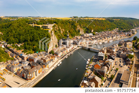 Top view of Pont Charles de Gaulle bridge over Meuse river in Dinant Top view of Pont Charles de Gaulle bridge over Meuse river in Dinant 95757754