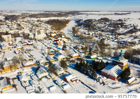 Aerial view of Venyov townscape with temple complex of former Epiphany monastery 95757770