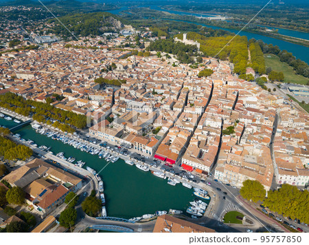 Aerial view of channel with boats in Beaucaire Aerial view of channel with boats in Beaucaire 95757850