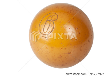 Old vintage billiard ball, number six. On white background 95757974