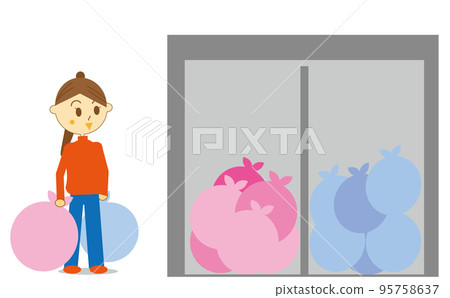 Illustration of a woman going to throw away sorted garbage, garbage dump, garbage station, housewife, living, (with lines) 95758637